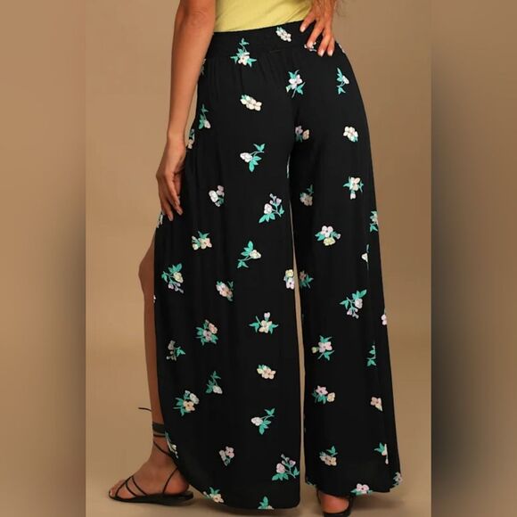 Billabong Wandering Soul Black Floral Print Wide Leg Pants - Picture 4 of 10